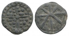 Medieval PB Tessera (15mm, 2.19g). Four-spoked wheel; pellets in quarters. R/ Eight-rayed star. Good VF