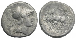 Northern Campania, Cales, c. 265-240 BC. AR Didrachm (21mm, 7.04g, 6h). Head of Athena r., wearing crested Corinthian helmet decorated with serpent. R...