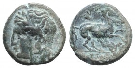Samnium, Beneventum, c. 265-240 BC. Æ (15mm, 3.93g, 5h). Laureate head of Apollo l. R/ Horse prancing r.; pentagram above. HNItaly 440. Extremely Rare...