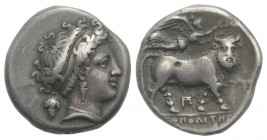 Southern Campania, Neapolis, c. 320-300 BC. AR Didrachm (19mm, 7.45g, 6h). Head of nymph r.; grape bunch behind. R/ Man-headed bull walking r.; above,...