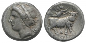 Southern Campania, Neapolis, c. 275-250 BC. AR Didrachm (20mm, 7.17g, 12h). Head of nymph l.; uncertain symbol behind (kantharos?). R/ Man-headed bull...