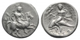 Southern Apulia, Tarentum, c. 335-333 BC. AR Nomos (19mm, 6.29g, 2h). Warrior, wearing helmet and holding shield, on horseback r.; ΔI behind. R/ Phala...