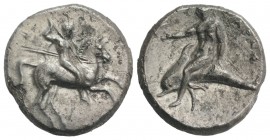 Southern Apulia, Tarentum, c. 302-280 BC. AR Nomos (21mm, 7.08g, 12h). Warrior on horseback r., holding shield and two spears, preparing to cast a thi...