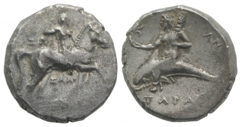 Southern Apulia, Tarentum, c. 280-272 BC. AR Nomos (19mm, 6.42g, 1h). Youth on h...