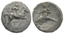 Southern Apulia, Tarentum, c. 280-272 BC. AR Nomos (19mm, 6.42g, 1h). Youth on horseback r., crowning self; ΣΩ to l., ΞAΛO and Ionic capital below. R/...