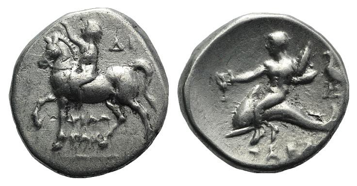 Southern Apulia, Tarentum, c. 272-240 BC. AR Nomos (21mm, 6.32g, 3h). Youth on h...