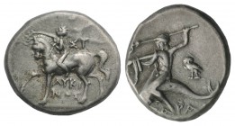 Southern Apulia, Tarentum, c. 272-240 BC. AR Nomos (20mm, 6.46g, 3h). Nude youth crowning horse he rides l. R/ Phalanthos, preparing to throw trident ...
