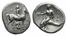 Southern Apulia, Tarentum, c. 272-240 BC. AR Nomos (20mm, 6.28g, 2h). Nude youth on horseback r., crowning horse and holding rein; monogram to l., fac...