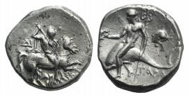Southern Apulia, Tarentum, c. 272-240 BC. AR Nomos (18mm, 6.20g, 5h). Warrior, holding shield and two spears, preparing to cast a third, on horseback ...