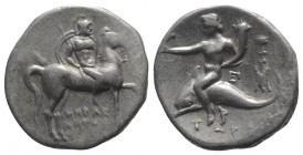 Southern Apulia, Tarentum, c. 272-240 BC. AR Nomos (20mm, 6.37g, 6h). Helmeted warrior on horseback r., holding lance and shield; I-HPAK/ΛHTOΣ in two ...