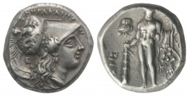 Southern Lucania, Herakleia, c. 281-278 BC. AR Stater (19.5mm, 7.83g, 12h). Head of Athena r., wearing crested Corinthian helmet decorated with Skylla...