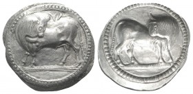 Southern Lucania, Sybaris, c. 550-510 BC. AR Stater (32mm, 8.20g, 12h). Bull standing l. on dotted exergual line, looking back. R/ Incuse bull standin...