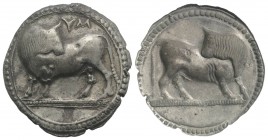 Southern Lucania, Sybaris, c. 550-510 BC. AR Stater (28mm, 8.14g, 12h). Bull standing l. on dotted exergual line, looking back. R/ Incuse bull standin...