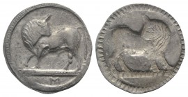 Southern Lucania, Sybaris, c. 550-510 BC. AR Stater (28mm, 8.26g, 12h). Bull standing l. on dotted exergual line, looking back. R/ Incuse bull standin...