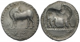 Southern Lucania, Sybaris, c. 550-510 BC. AR Stater (32mm, 8.13g, 12h). Bull standing l. on dotted exergual line, looking back. R/ Incuse bull standin...