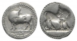 Southern Lucania, Sybaris, c. 550-510 BC. AR Drachm (18mm, 2.67g, 12h). Bull standing l., head r. R/ Incuse bull standing r., head l. HNItaly 1736; SN...