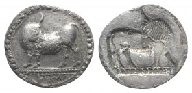 Southern Lucania, Sybaris, c. 550-510 BC. AR Drachm (18mm, 2.38g, 12h). Bull standing l., head r. R/ Incuse bull standing r., head l. HNItaly 1736; SN...