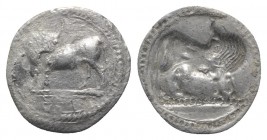 Southern Lucania, Sybaris, c. 550-510 BC. AR Drachm (19mm, 2.30g, 12h). Bull standing l., head r. R/ Incuse bull standing r., head l. HNItaly 1736; SN...