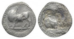 Southern Lucania, Sybaris, c. 550-510 BC. AR Drachm (19mm, 2.24g, 12h). Bull standing l., head r. R/ Incuse bull standing r., head l. HNItaly 1736; SN...