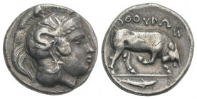 Southern Lucania, Thourioi, c. 400-350 BC. AR Stater (22.5mm, 7.60g, 6h). Helmeted head of Athena r., helmet decorated with Skylla scanning. R/ ΘOYPΩN...