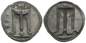 Bruttium, Kroton, c. 530-500 BC. AR Stater (29mm, 7.88g, 12h). Tripod, legs terminating in lion's feet, serpents rising from bowl. R/ Incuse tripod as...