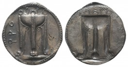 Bruttium, Kroton, c. 530-500 BC. AR Stater (30mm, 8.28g, 12h). Tripod, legs terminating in lion's feet, serpents rising from bowl. R/ Incuse tripod as...