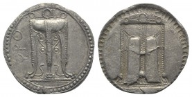 Bruttium, Kroton, c. 530-500 BC. AR Stater (28mm, 8.23g, 12h). Tripod, legs terminating in lion's feet, serpents rising from bowl. R/ Incuse tripod as...