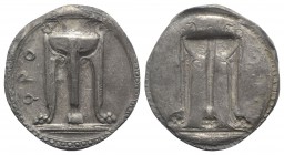Bruttium, Kroton, c. 530-500 BC. AR Stater (31mm, 8.82g, 12h). Tripod, legs terminating in lion's feet, serpents rising from bowl. R/ Incuse tripod as...
