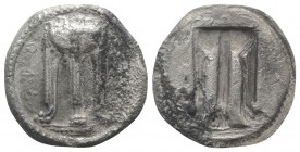 Bruttium, Kroton, c. 530-500 BC. AR Stater (31mm, 7.33g, 12h). Tripod, legs terminating in lion's feet, serpents rising from bowl. R/ Incuse tripod as...