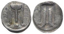 Bruttium, Kroton, c. 530-500 BC. AR Stater (29mm, 7.65g, 12h). Tripod, legs terminating in lion's feet, serpents rising from bowl. R/ Incuse tripod as...