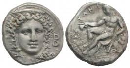 Bruttium, Kroton, c. 400-325 BC. AR Stater (21mm, 7.67g, 9h). Head of Hera Lakinia facing slightly r., wearing necklace and stephane decorated with pa...