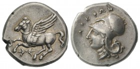 Bruttium, Lokroi Epizephyrioi, c. 350-275 BC. AR Stater (22mm, 8.56g, 6h). Pegasos flying l.; thunderbolt below. R/ Head of Athena l., wearing Corinth...