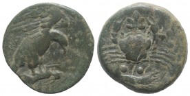 Sicily, Akragas, c. 415-406 BC. Æ Hemilitron (27mm, 11.31g, 10h). Eagle standing r. on hare, head lowered. R/ Crab; leaf above, crayfish below; six pe...