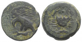 Sicily, Akragas, c. 415-406 BC. Æ Hemilitron (27mm, 14.73g, 3h). Eagle standing l. on hare, head lowered. R/ Crab; crayfish below; six pellets around....