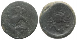 Sicily, Akragas, c. 415-406 BC. Æ Hemilitron (30mm, 19.86g, 12h). Eagle standing r. on hare, wings spread. R/ Crab; below, hippocamp r. and shell; six...