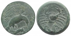 Sicily, Akragas, c. 415-406 BC. Æ Hemilitron (26mm, 13.32g, 12h). Eagle standing r. on hare, wings spread. R/ Crab; below, hippocamp r.; six pellets a...