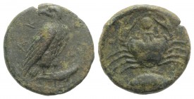 Sicily, Akragas, c. 415-406 BC. Æ Onkia (16mm, 3.50g, 11h). Eagle standing r. with head reverted, on a fish. R/ Crab, fish l. below; pellet between cr...