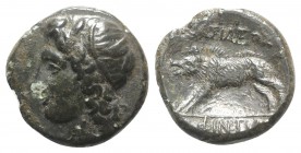Sicily, Akragas. Phintias (287-279 BC). Æ (19mm, 5.73g, 6h). c. 282-279 BC. Wreathed head of Artemis l. R/ Boar standing l. CNS I, 117; SNG ANS 1119-2...