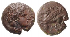 Sicily, Entella. Campanian mercenaries, c. 316/10-300/290 BC. Æ (19mm, 6.99g, 3h). Wreathed head of Persephone r. R/ Pegasos flying l.; helmet to lowe...