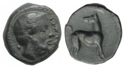 Sicily, Eryx, c. 410 BC. Æ Onkia (11mm, 1.40g, 11h). Bearded head r. R/ Hound standing r., head l. Campana 30; CNS I, 7; SNG ANS -; HGC 2, 317. VF