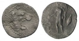 Sicily, Leontini, c. 450-440 BC. AR Litra (11.5mm, 0.57g, 3h). Head of roaring lion r. R/ River god, nude, standing l., pouring libation on altar from...