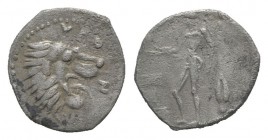 Sicily, Leontini, c. 450-440 BC. AR Litra (11mm, 0.56g, 3h). Head of roaring lion r. R/ River god, nude, standing l., pouring libation on altar from p...