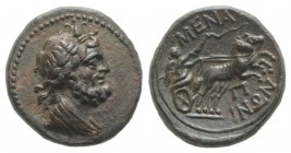Sicily, Menaion, c. 200-150 BC. Æ Pentonkion (17mm, 3.59g, 12h). Laureate and draped bust of Serapis r., wearing atef crown. R/ Nike driving biga r.; ...