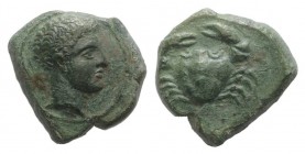 Sicily, Motya, c. 400-397 BC. Æ (12mm, 2.24g, 12h). Male head r. R/ Crab. Campana 30A; CNS I, 9; SNG ANS 511; HGC 2, 946. Green patina, Good VF