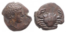 Sicily, Motya, c. 400-397 BC. Æ Onkia or Hexas(?) (12mm, 2.21g, 5h). Male head r. R/ Crab. Campana 30A; CNS I, 9; SNG ANS 511; HGC 2, 946. Smoothed, G...
