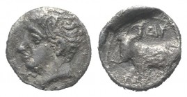 Sicily, Panormos as Ziz, c. 405-380 BC. AR Litra (10mm, 0.66g, 1h). Male head l. R/ Man-headed bull standing l. Jenkins, Punic pl. 24, 14; SNG ANS 551...