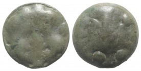 Sicily, Selinos, c. 450-440 BC. Cast Æ Trias (21mm, 10.52g, 12h). Gorgoneion. R/ Selinon leaf; four pellets. CNS I, 3; SNG ANS –; HGC 2, 1232. Green p...