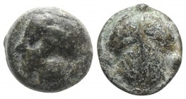 Sicily, Selinos, c. 450-440 BC. Cast Æ Tetras or Trionkion (19mm, 9.67g, 3h). Horned head of river god l. R/ Selinon leaf; three pellets around. CNS I...