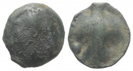 Sicily, Selinos, c. 450-440 BC. Cast Æ Tetras or Trionkion (18mm, 6.44g, 6h). Horned head of river god l. R/ Selinon leaf; three pellets around. CNS I...