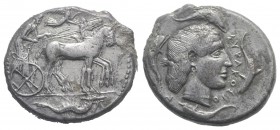 Sicily, Syracuse, 466-405 BC. AR Tetradrachm (27mm, 16.94g, 12h), c. 450-440 BC. Charioteer driving quadriga r.; above, Nike flying r., crowning horse...